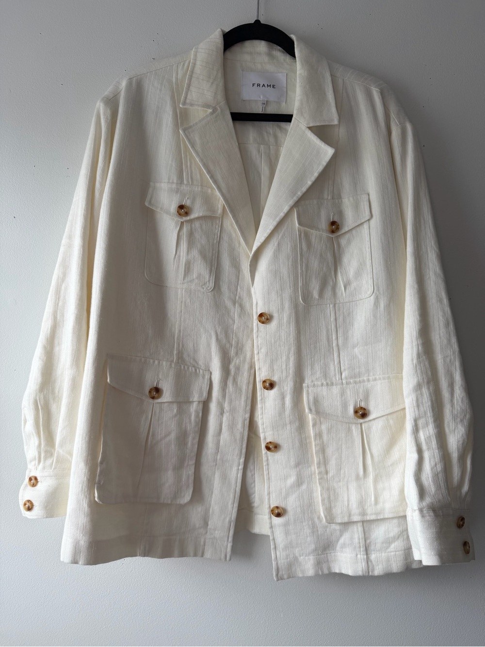 FRAME Linen Blend Safari Utility Jacket Ivory Button Front Women’s Large